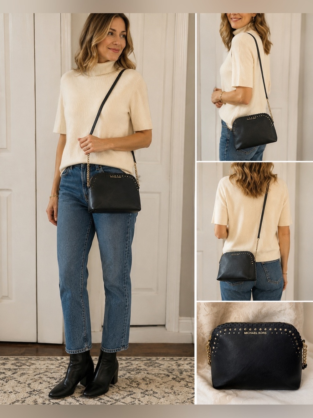 Michael Kors Cindy Scallop Dome Crossbody Black Saffiano Leather Studded